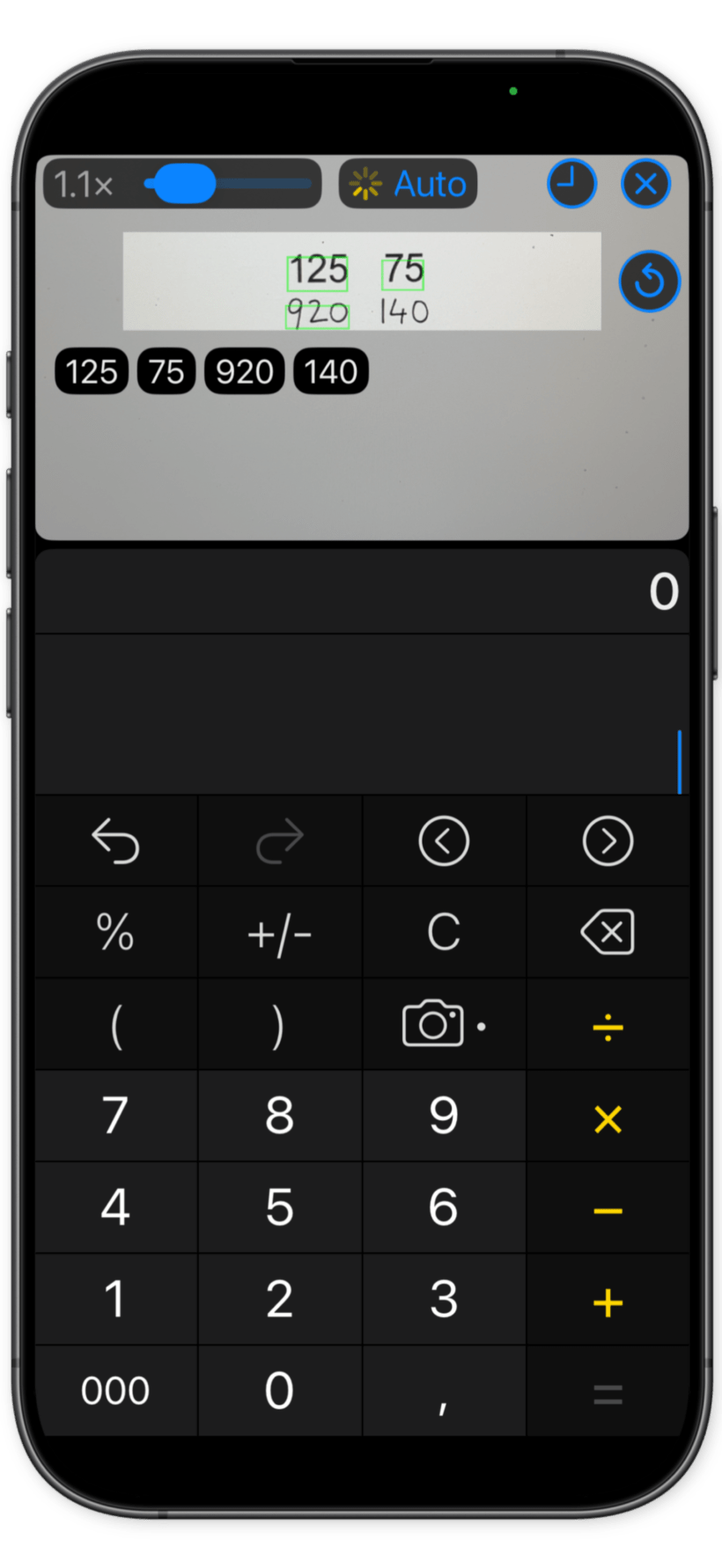 XCalc Camera Number Scanner showing recognized numbers ready to insert.