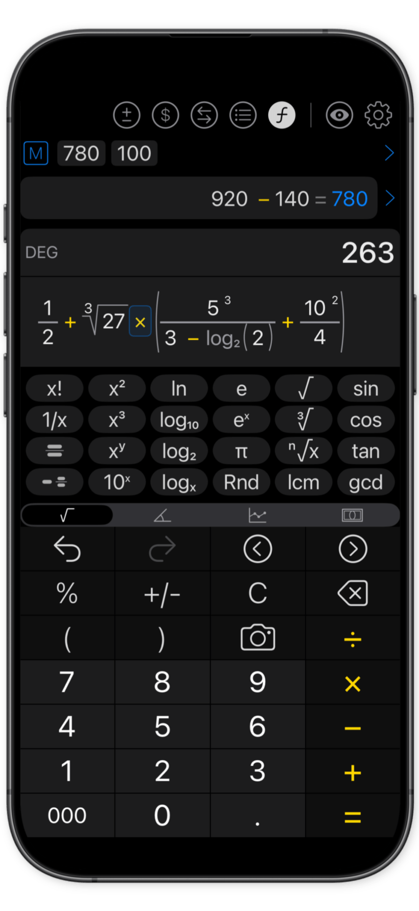 XCalc Math Mode with editable structured expressions.