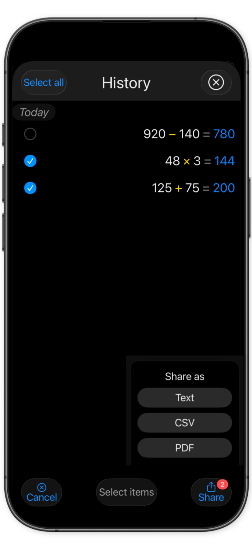 XCalc sharing options for saved calculation history.