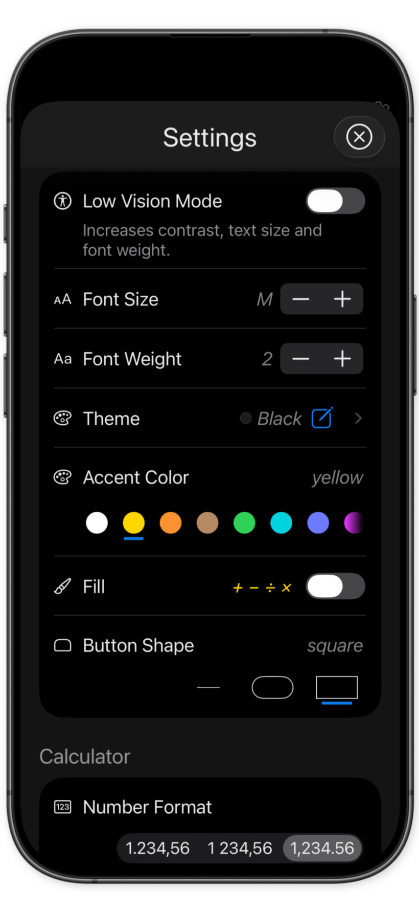 XCalc readability controls including Low Vision Mode and font settings.