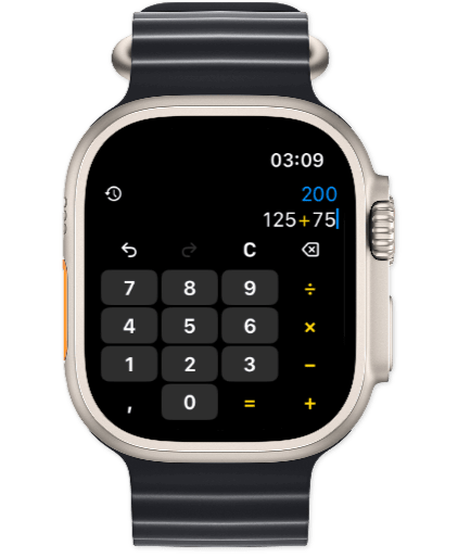 XCalc calculator on Apple Watch showing the editable calculation 125 plus 75, the result 200, and an Undo button.