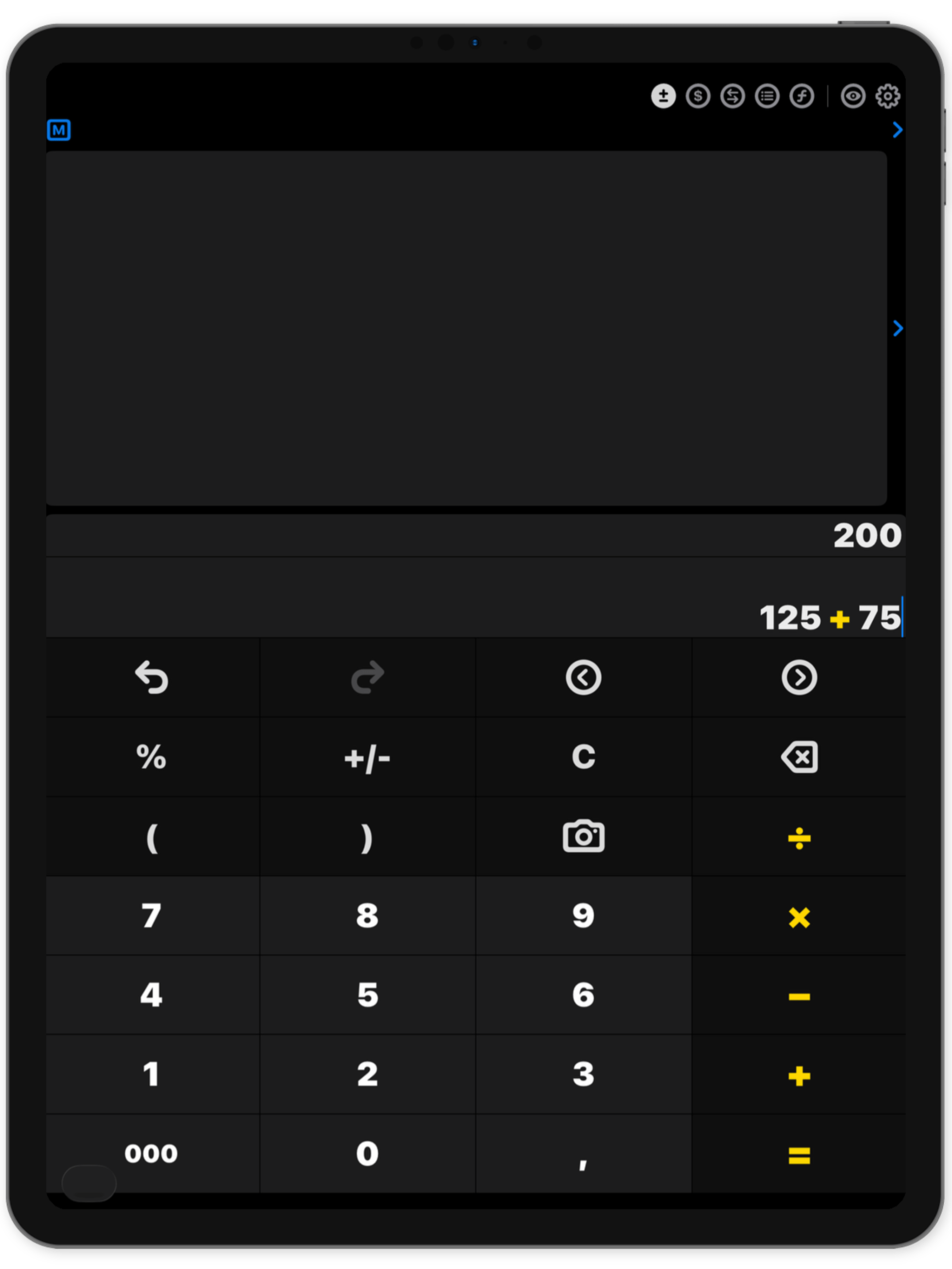 XCalc calculator on iPad showing a calculation and the full keypad.