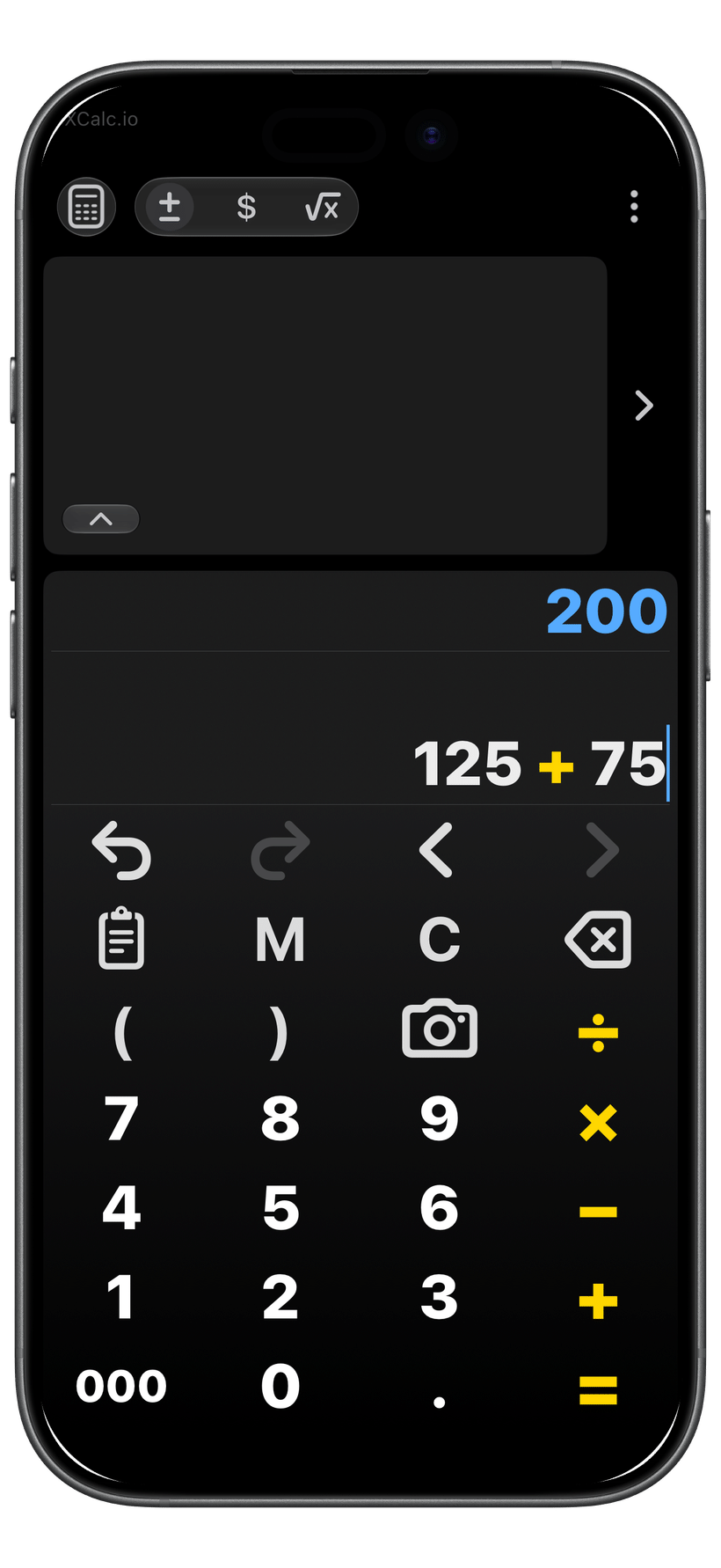 XCalc calculator with larger, bold text and a high-contrast keypad.