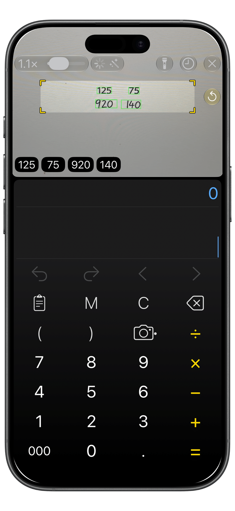 XCalc Camera Number Scanner with recognized numbers ready to select and insert.