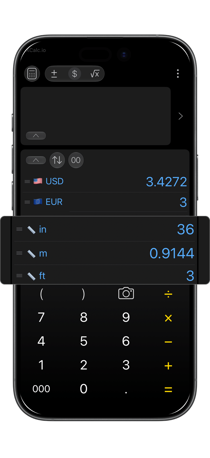 XCalc currency conversion screen with a separate units conversion detail.
