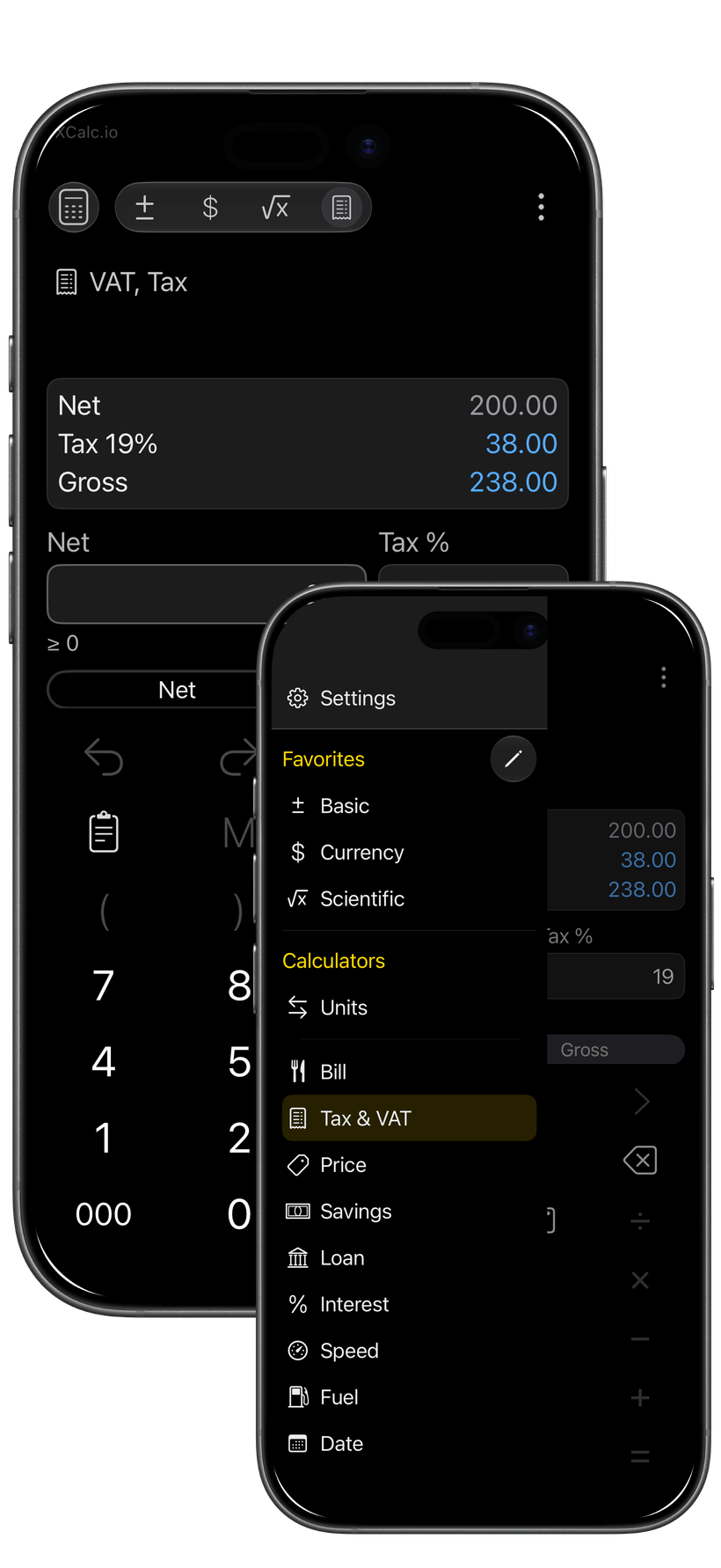 XCalc VAT and Tax calculator beside the Quick Calculators chooser.