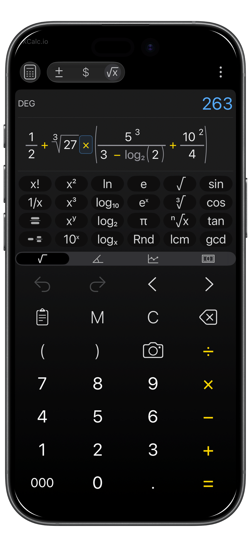 XCalc Math Mode with an editable expression using fractions, a cube root and logarithms, resulting in 263.