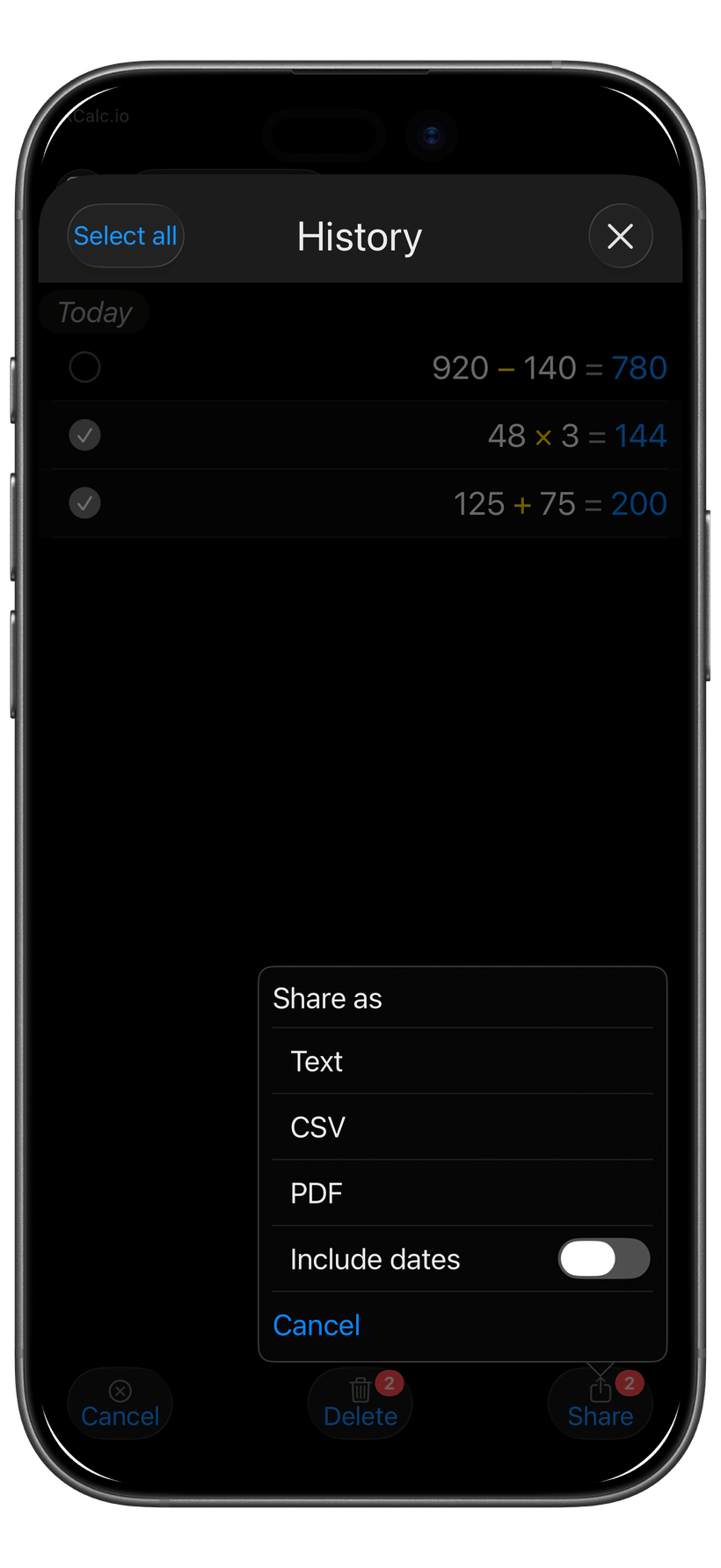 XCalc sharing options for saved calculation history.