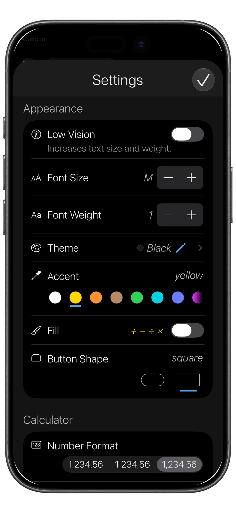 XCalc readability settings including Low Vision Mode, font size, font weight and button shape.