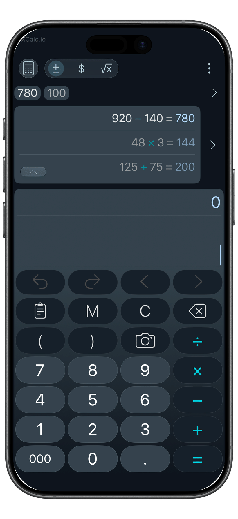 XCalc calculator in the blue Glacier theme with Capsule keys.