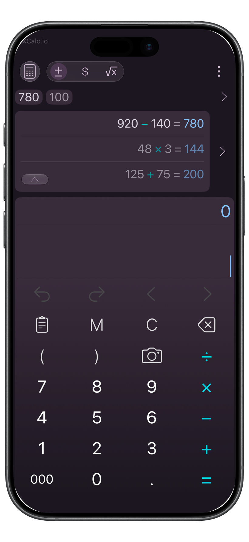 XCalc calculator in the purple Plum theme with Flat keys.