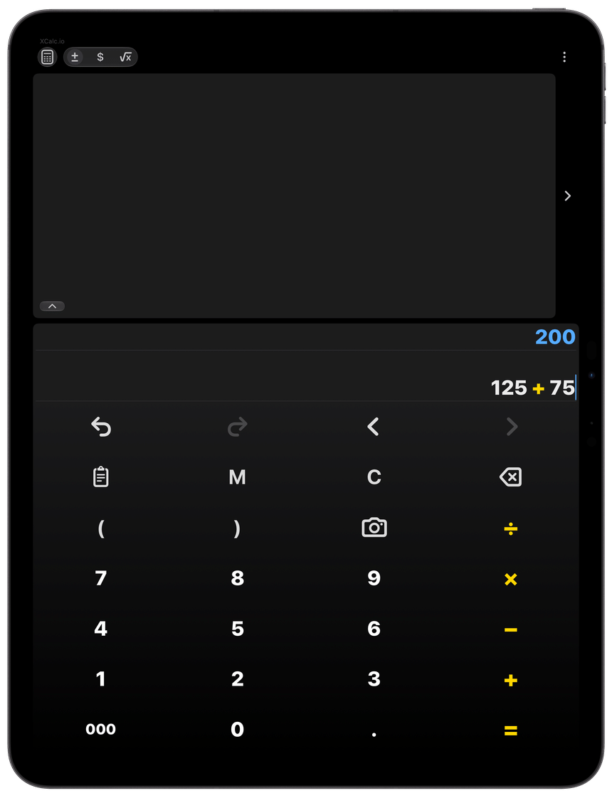 XCalc calculator on iPad with the full keypad visible.